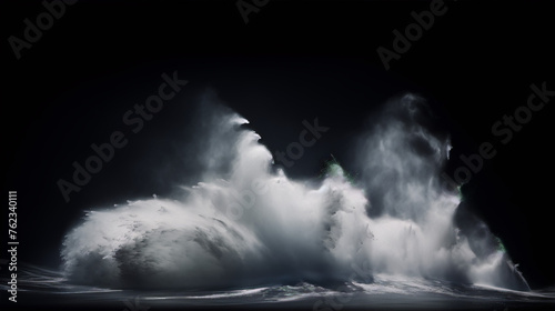 Black and white ocean wave photography with a dark background.