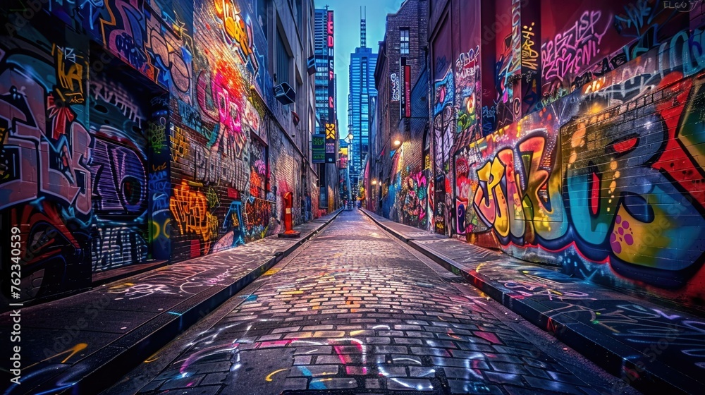 Among the maze of buildings, graffiti-covered walls stand out in vibrant colors, depicting the vibrant street art scene of the city The camera angle is ground-level - obrazy, fototapety, plakaty 