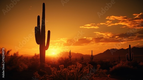 Beautiful sunset behind a cactus plant, perfect for nature backgrounds #762340713