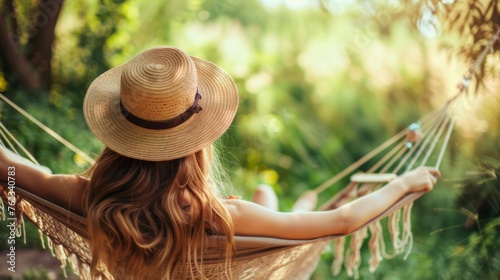 A young woman is resting in a hammock against the backdrop of the forest. Time for rest, sleep and relaxation in the open air. photo