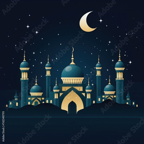 Festive Eid alAdha vector banner crescent moon atop mosques against a midnight blue sky stars twinkling © Rungkan