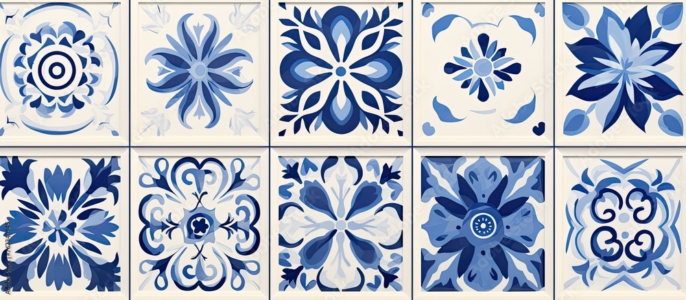 A set of creative arts tiles in varying shades of blue and white, featuring intricate designs like flowers, petals, and symmetry. Colors range from electric blue to aqua and azure A set of creative arts tiles in varying shades of blue and white, featuring intricate designs like flowers, petals, and symmetry. Colors range from electric blue to aqua and azure