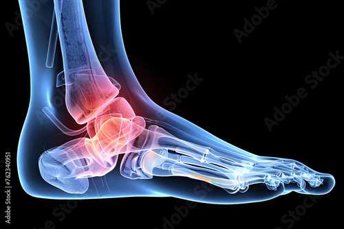 Pain concept - female suffering from foot and ankle pain, pain is visualized with glowing bones
