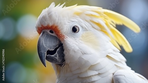 Close-up of a white parrot with striking yellow feathers. Ideal for nature or tropical themed designs
