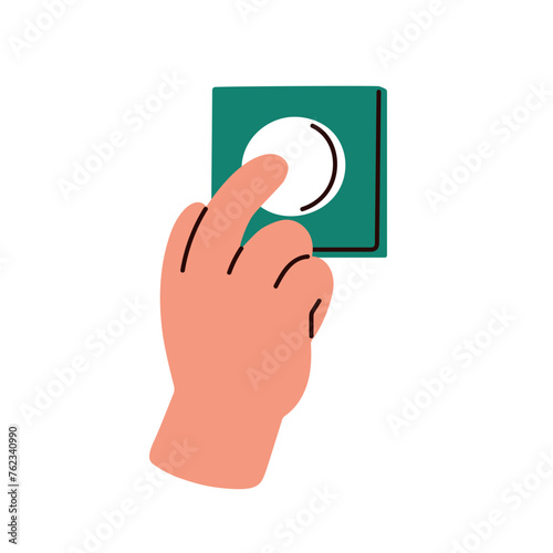 Finger pressing, pushing, clicking wall button. Hand switching on and off light dimmer, control. Ringing doorbell. Calling with door bell. Flat vector illustration isolated on white background