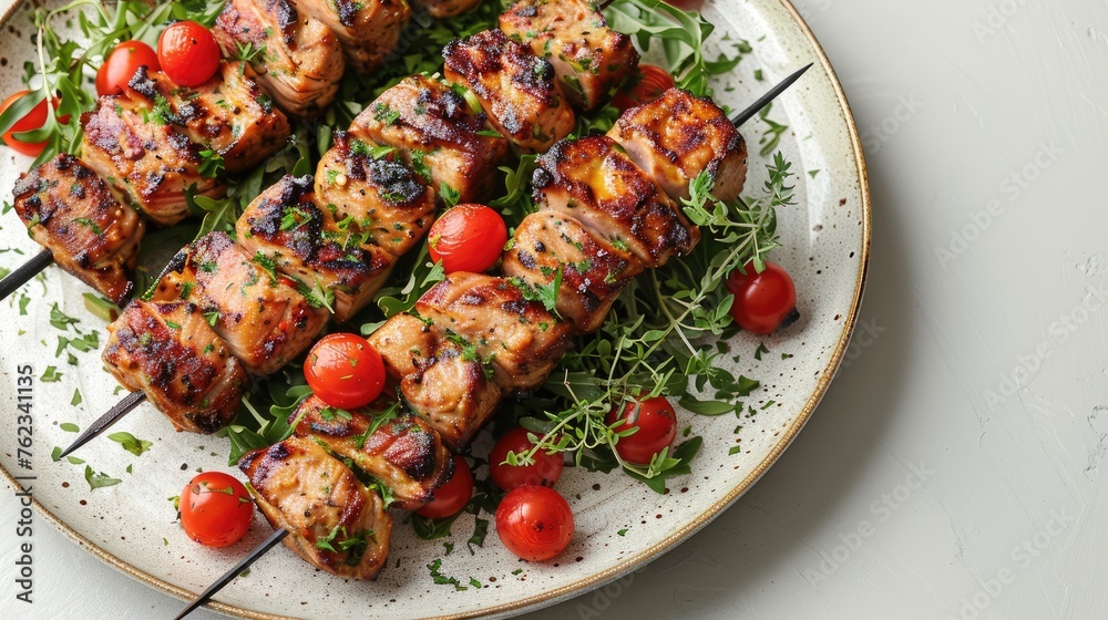 a delicious and appetizing kebab served with verdant greens on a plate, with a soft and harmonious monotone background, providing ample room for accompanying text. a delicious and appetizing kebab served with verdant greens on a plate, with a soft and harmonious monotone background, providing ample room for accompanying text.