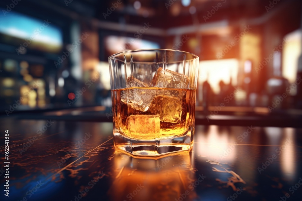 A glass of whiskey on a wooden table, suitable for bar or restaurant concepts A glass of whiskey on a wooden table, suitable for bar or restaurant concepts