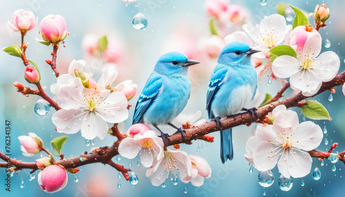 A pair of birds colorful feathers sit on a branch with spring apple flowers, close-up flowers on the branch