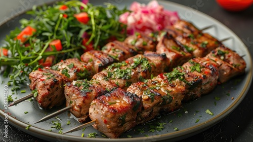 a delicious and appetizing kebab served with verdant greens on a plate  with a soft and harmonious monotone background  providing ample room for accompanying text.