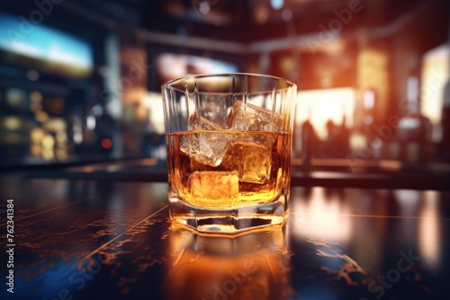 A glass of whiskey on a wooden table, suitable for bar or restaurant concepts