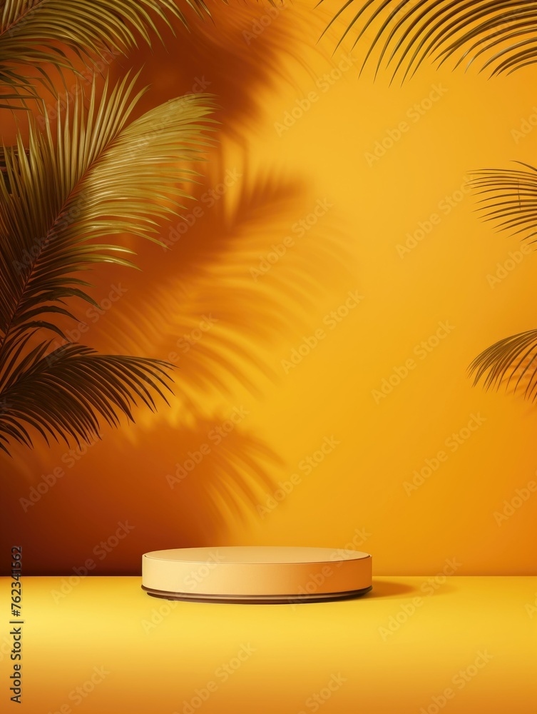 Warm yellow wall background gentle illumination coconut palm shadow on podium perfect for cosmetic showcase Warm yellow wall background gentle illumination coconut palm shadow on podium perfect for cosmetic showcase