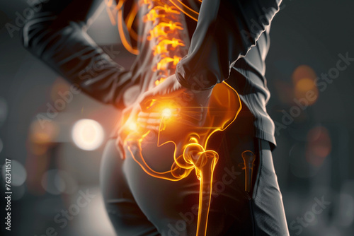 Pain concept - female suffering from hip pain, pain is visualized with glowing bones © anaumenko