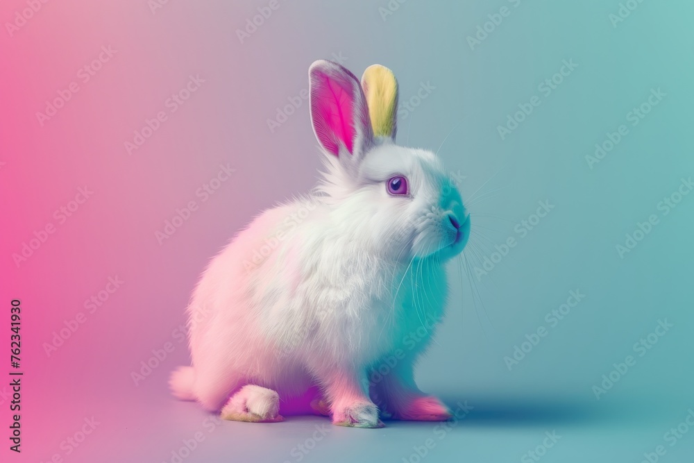 Rainbow White Rabbit, Cute Easter Bunny Portrait Rainbow White Rabbit, Cute Easter Bunny Portrait