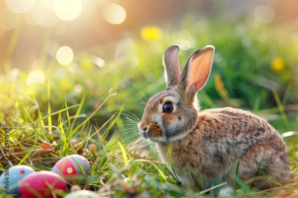 Cute Rabbit, Bunnies and Easter Eggs on Spring Meadow, April Celebration Background, Easter Card Cute Rabbit, Bunnies and Easter Eggs on Spring Meadow, April Celebration Background, Easter Card
