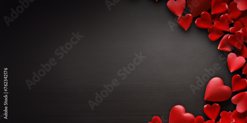 Black and red paper cutouts of hearts and birds on a grey background. photo