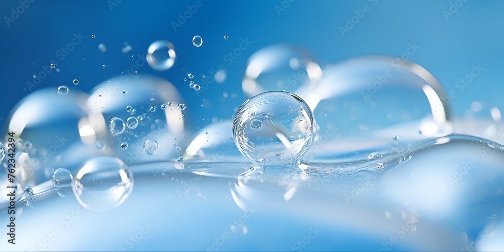 bubbles in water, Cosmetic essence liquid bubble molecule inside liquid bubble on water background 3d rendering, Blue water bubbles floating Generative AI Illustration, Generative AI