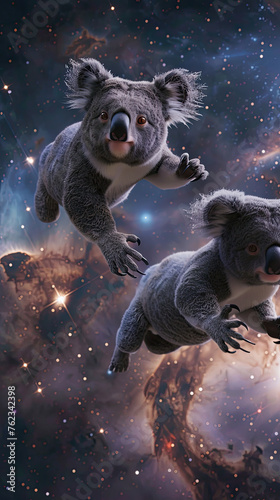 Excited koalas floating through glowing space, eyes wide in awe 3d render © Sattawat