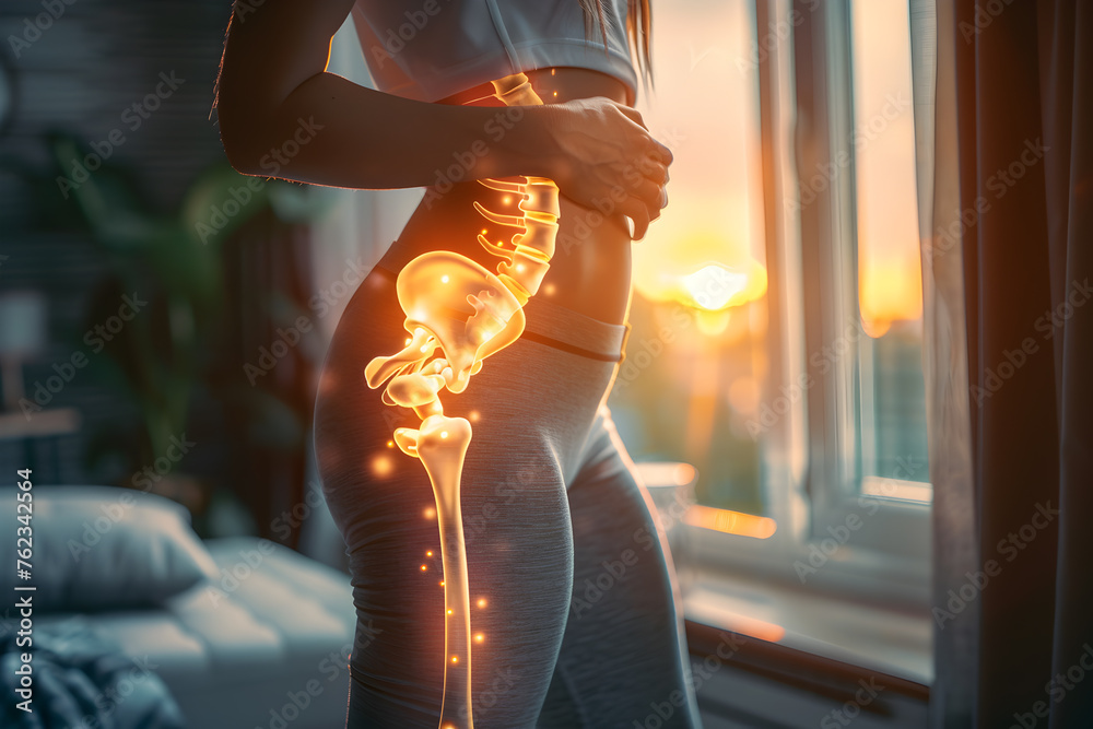 Pain concept - female suffering from hip pain, pain is visualized with glowing bones - obrazy, fototapety, plakaty 