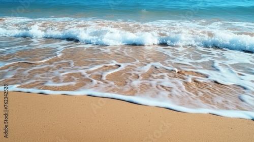 A picturesque beach with a wave rolling onto the shore. Ideal for travel brochures or relaxation concepts