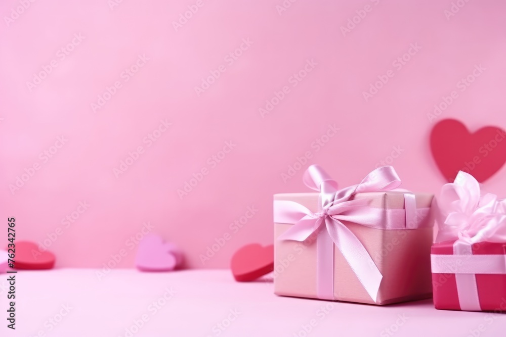 Pastel pink gift boxes with white ribbons beside heart shapes on a soft pink backdrop.