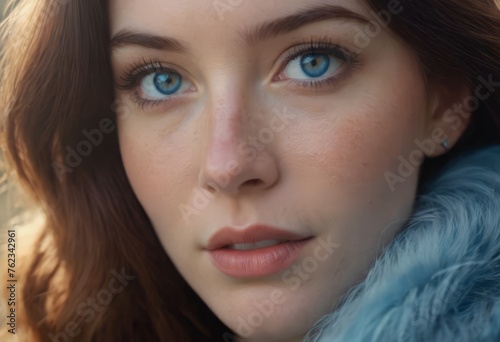 Close up fashion portrait of seductive sexy woman with big blue eyes ,full lips , prefect skin and long fluffy curled hairstyle. Natural make up. photo