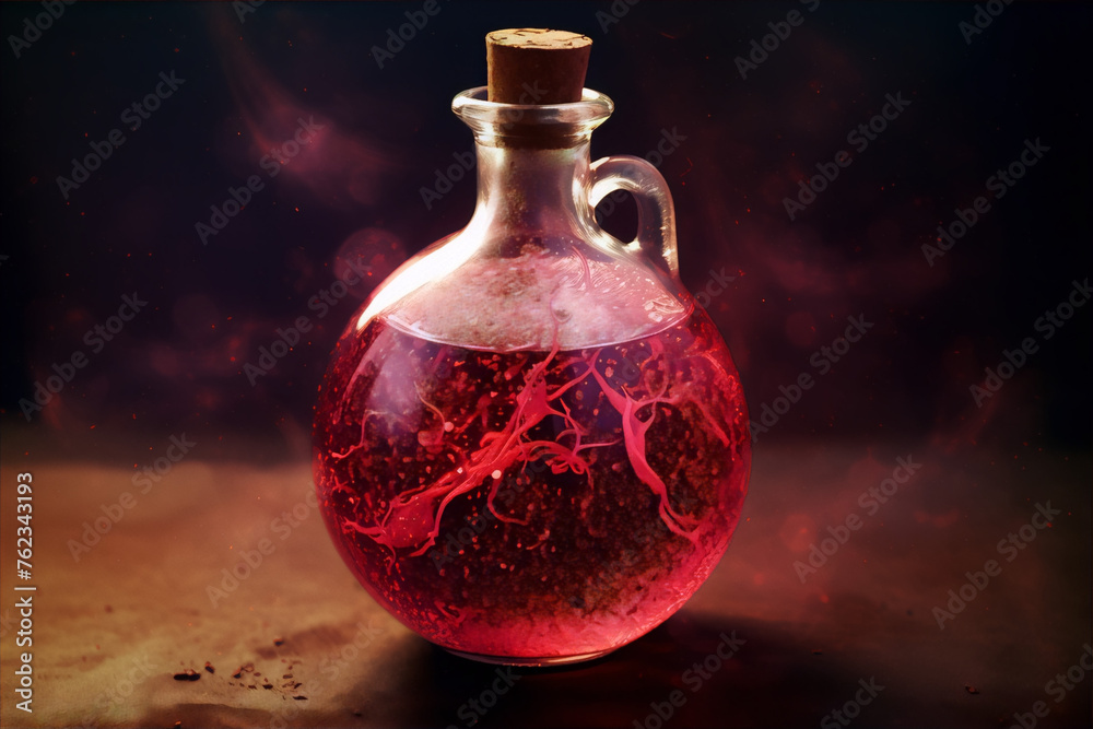 Fantasy red magic potion bottle with floating glowing particles Fantasy red magic potion bottle with floating glowing particles