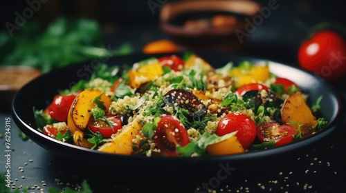 A black bowl filled with a variety of delicious food. Great for food blogs or restaurant menus