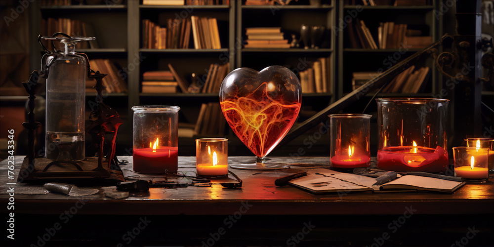 Obraz premium A glowing heart-shaped object sits on a wooden table in a dark library.