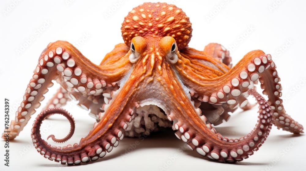 Close up of an octopus on a white surface. Suitable for marine life or seafood concepts Close up of an octopus on a white surface. Suitable for marine life or seafood concepts