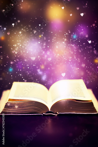Fantasy book with glowing pages and hearts on a purple background © ahmednadia