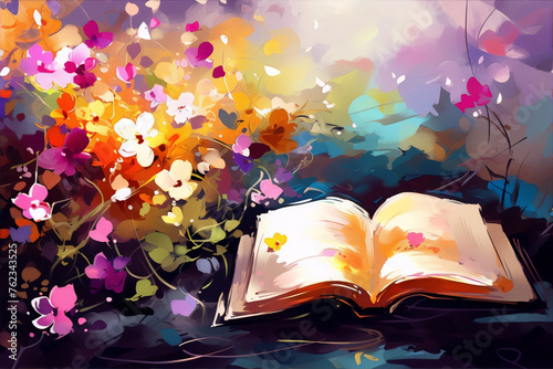 Oil painting of a still life with an open book and colorful flowers in the background.