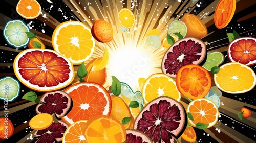 Colorful exploding fruits bursting with flavor background, dynamic pop art concept, food banner © Anzhela