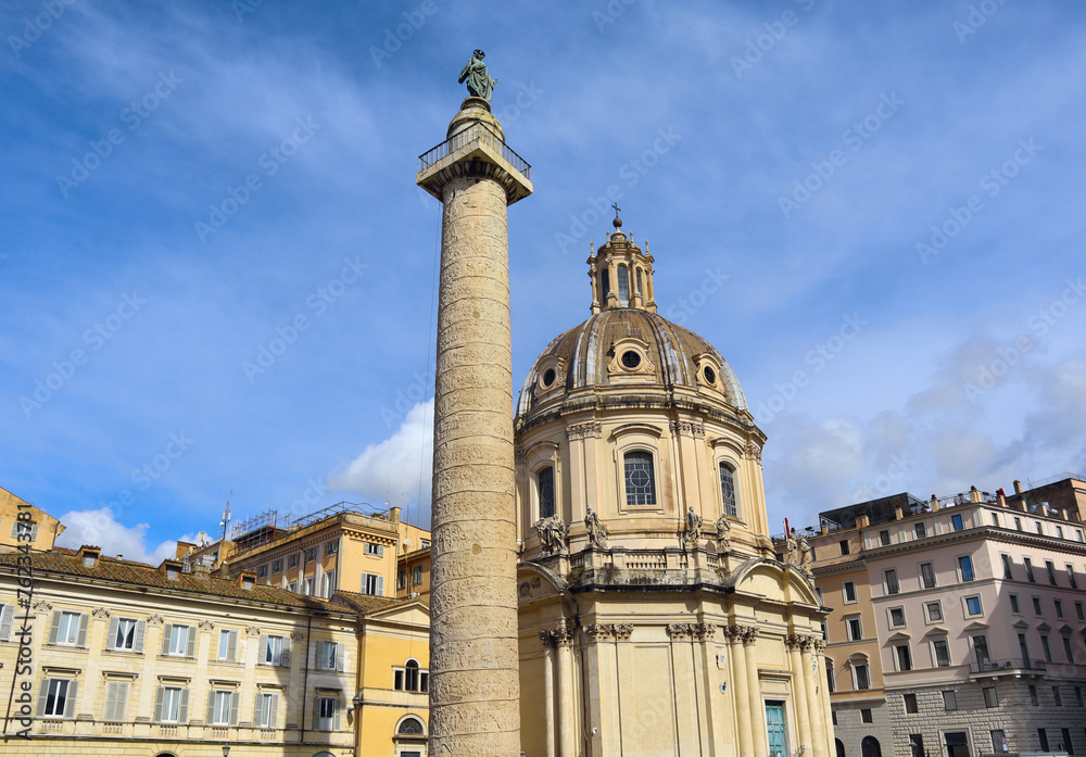 Column of Trajan and Church of the Holy Name of Mary at Trajan's Forum in Rome, Italy	