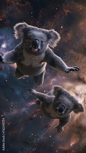 Excited koalas floating through glowing space, eyes wide in awe 3d render