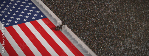 Lots of refugees at the open border to the USA with a high fence and the american flag.