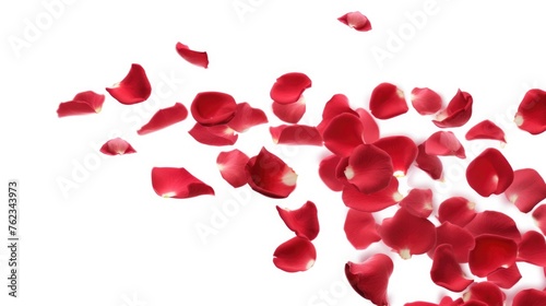 Red rose petals flying in the air, perfect for romantic designs