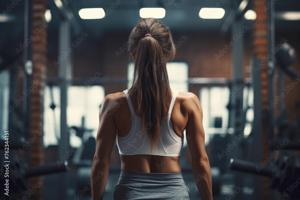 Fototapeta premium A woman dressed in a white top and grey skirt working out at the gym. Ideal for fitness and exercise concepts