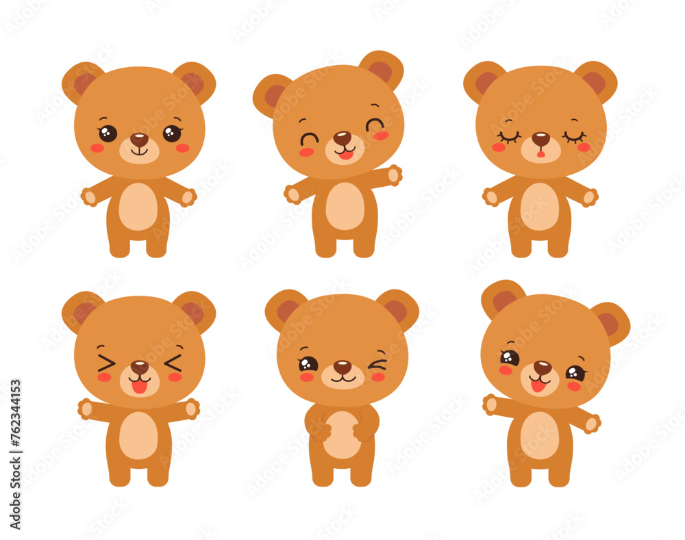 Cartoon cute bear kawaii style emoji icons. Fun brown bear cub character for kids. Chibi anime woodland animal vector illustration. Fun facial expressions - calm, laughing, smiling, waving, winking. Cartoon cute bear kawaii style emoji icons. Fun brown bear cub character for kids. Chibi anime woodland animal vector illustration. Fun facial expressions - calm, laughing, smiling, waving, winking.