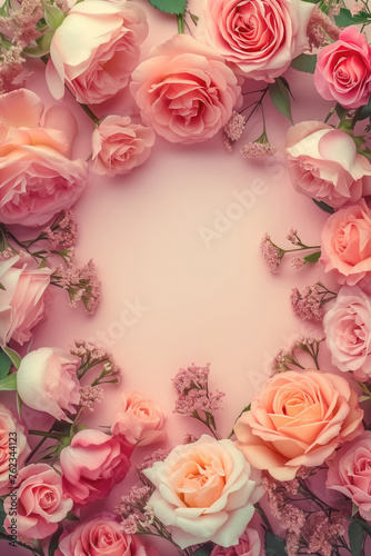 Roses of different colors  pink  scarlet  white  orange are laid out symmetrically around the space for text. Floral poster of roses in vintage pale style. Top view  flat lay