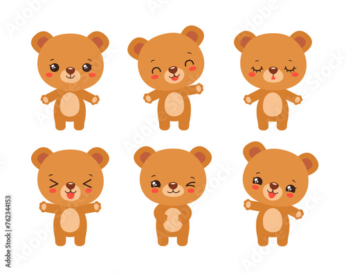 Cartoon cute bear kawaii style emoji icons. Fun brown bear cub character for kids. Chibi anime woodland animal vector illustration. Fun facial expressions - calm, laughing, smiling, waving, winking.