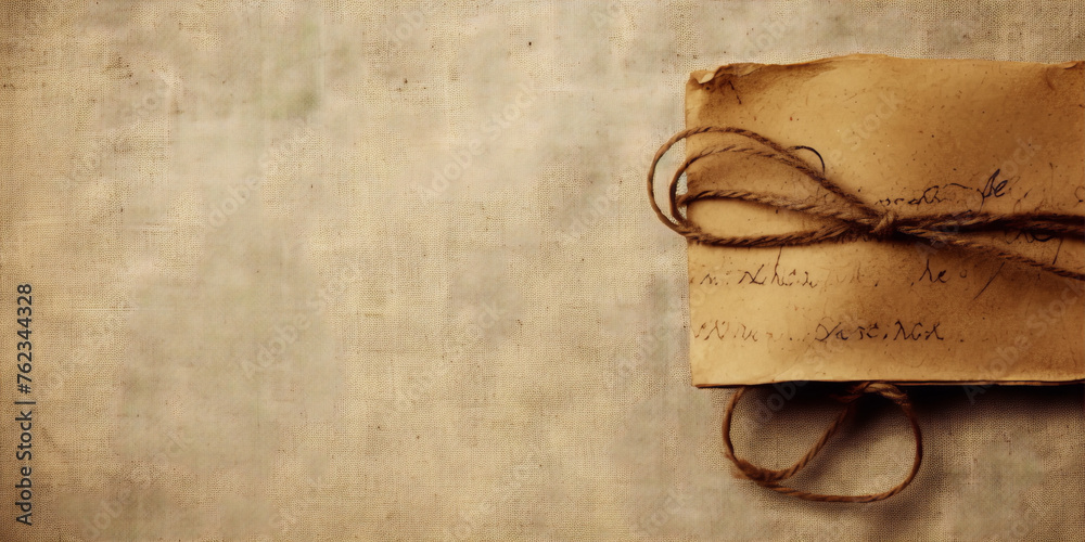 Vintage paper letter or manuscript tied with rope on sackcloth background - obrazy, fototapety, plakaty 