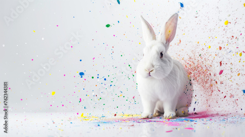 Easter bunny with splash of colors on white background,  white rabbit 