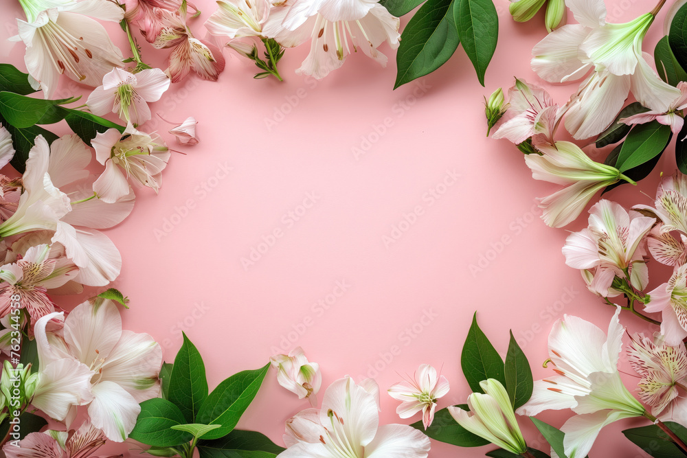 White lily flowers are arranged symmetrically around space for text on a pale pink background. Lily flower poster, top view, flat lay. Concept for congratulations