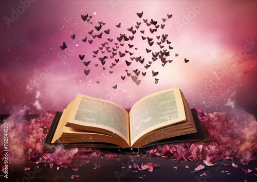 Pink and purple fantasy book with hearts on a table with pink flower petals. © ahmednadia