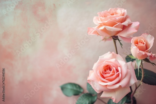 Bouquet of three pink roses on a delicate pink background. Congratulations poster with place for text. Concept for congratulations on anniversary  happy wedding day  happy mother s day