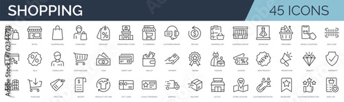 Set of 45 outline icons related to shopping. Linear icon collection. Editable stroke. Vector illustration