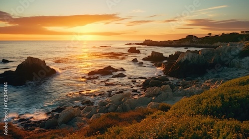 A beautiful sunset scene over the water and rocks. Suitable for travel and nature themes