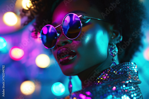 Stylish African American woman with a full hairstyle, large mirrored glasses and glitter makeup, dressed in an outfit and jewelry with sparkles. Posing in the cold light of neon and purple spotlights