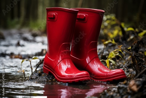 Flexible Red rubber boots. Person work autumn. Generate Ai photo