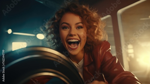 A woman in a red leather jacket smiling, suitable for fashion or lifestyle themes